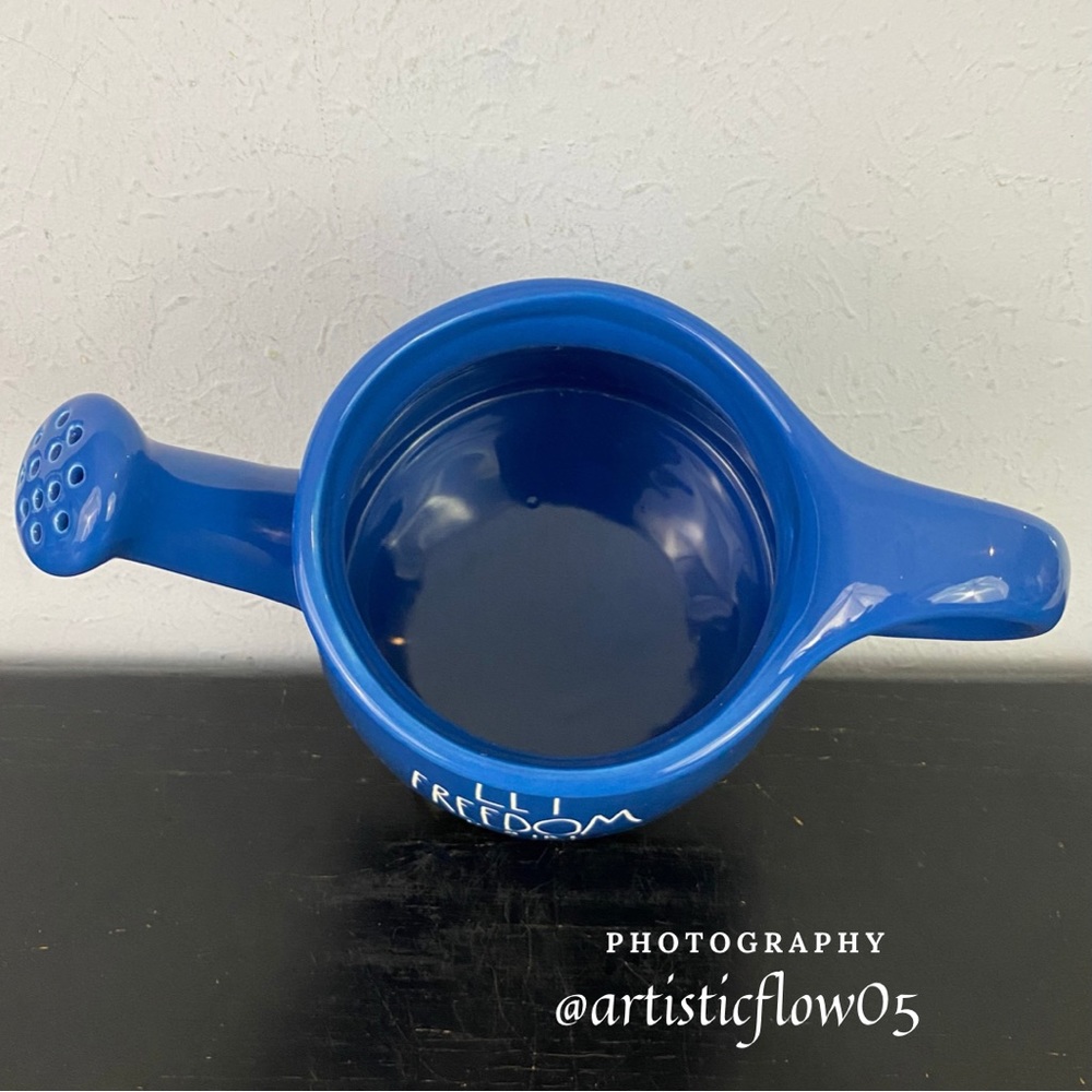 NEW! Rae Dunn Let Freedom Rain Blue Ceramic Watering Can - Picture 4 of 6